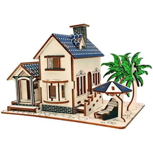 3d立体拼图小学生木质建筑仿真模型海滨别墅拼装儿童木制玩具