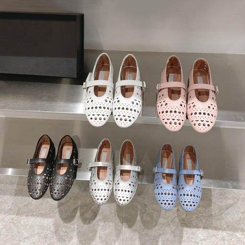 圆头镂空一字带平底芭蕾舞鞋时尚休闲单鞋2027年夏季新款镂空透气