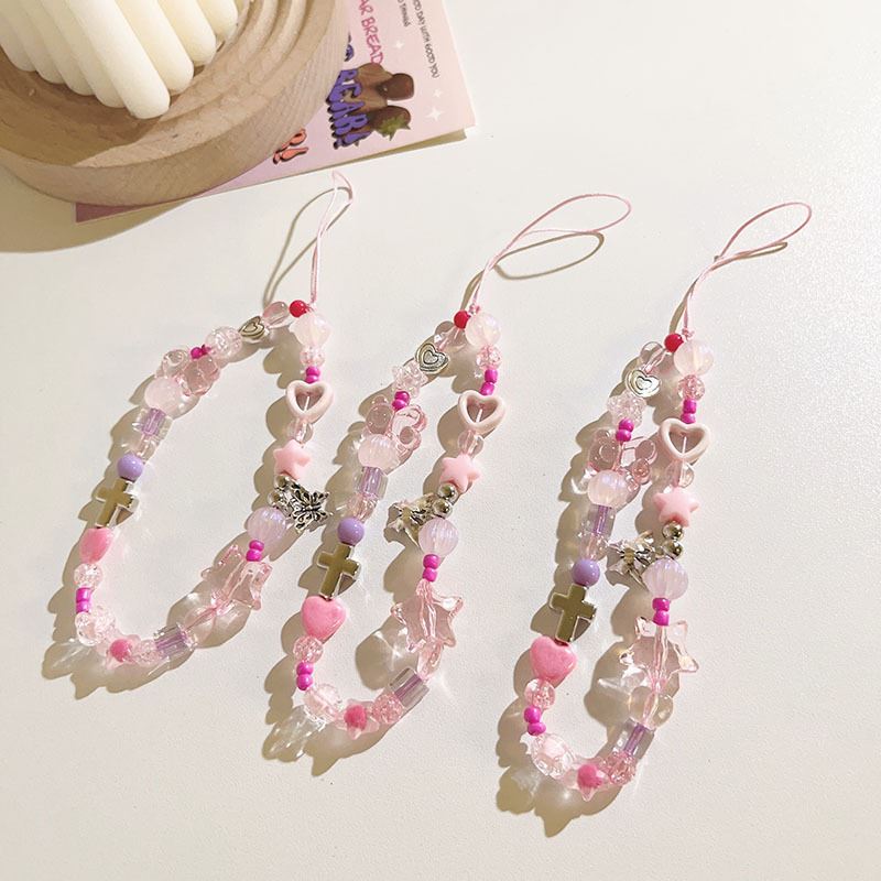 ins潮酷粉色小熊爱心小熊吊坠手绳通用手机壳手机挂绳diy串珠挂链