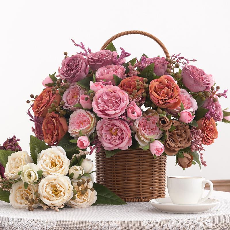 秋色牡丹仿真花芍药玫瑰花家居人造花绢花 婚庆桌面摆件摄影道具