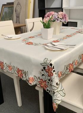 欧式田园绣花桌布涤纶刺绣布艺橙色花餐桌垫茶几桌布定制