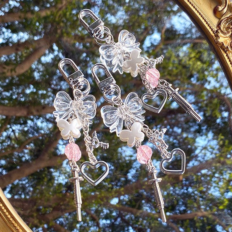 千禧y2k日系甜美可爱透明蝴蝶结闪闪珠子手机链 包包钥匙扣挂饰