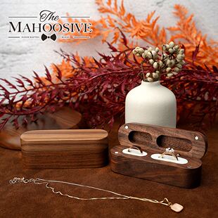 黑胡桃木戒指盒送伴侣惊喜礼物盒耳钉对戒收纳盒长条翻盖可印LOGO