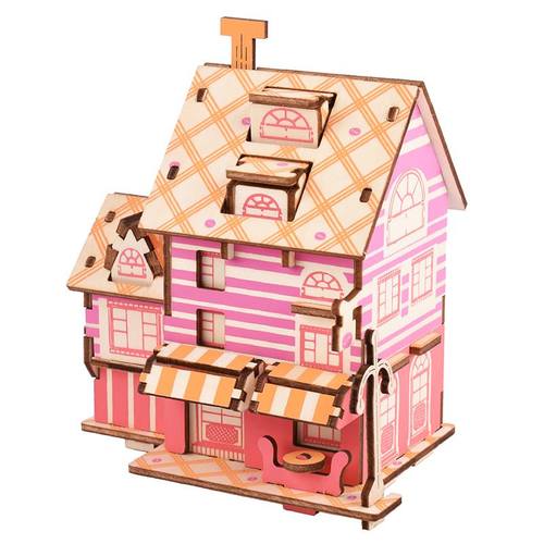 法国咖啡馆激光切割木制3D立体仿真拼图房子模型儿童益智拼装玩具