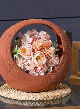 北欧红土陶瓷花瓶创意水培干花插花篮玄关客厅家居装饰摆件工艺品