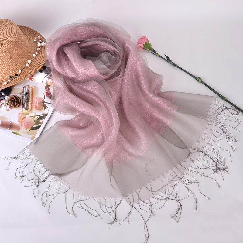 2027春夏巾防晒披肩 双层撞色金丝流苏真丝欧根纱围巾定制