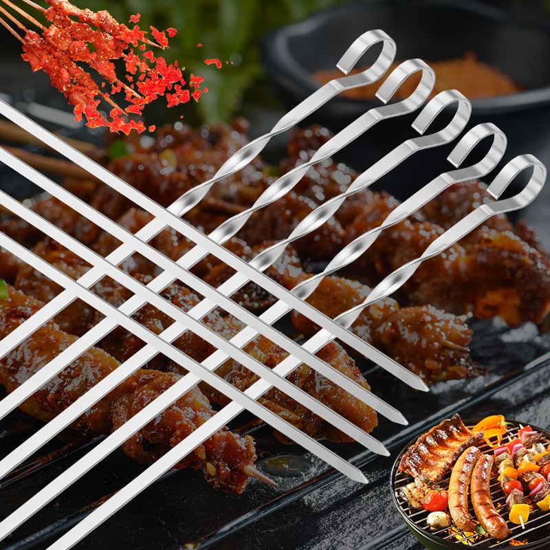10支装布袋烤串螺纹不锈钢签子烤签户外BBQ烧烤签现货烧烤用具