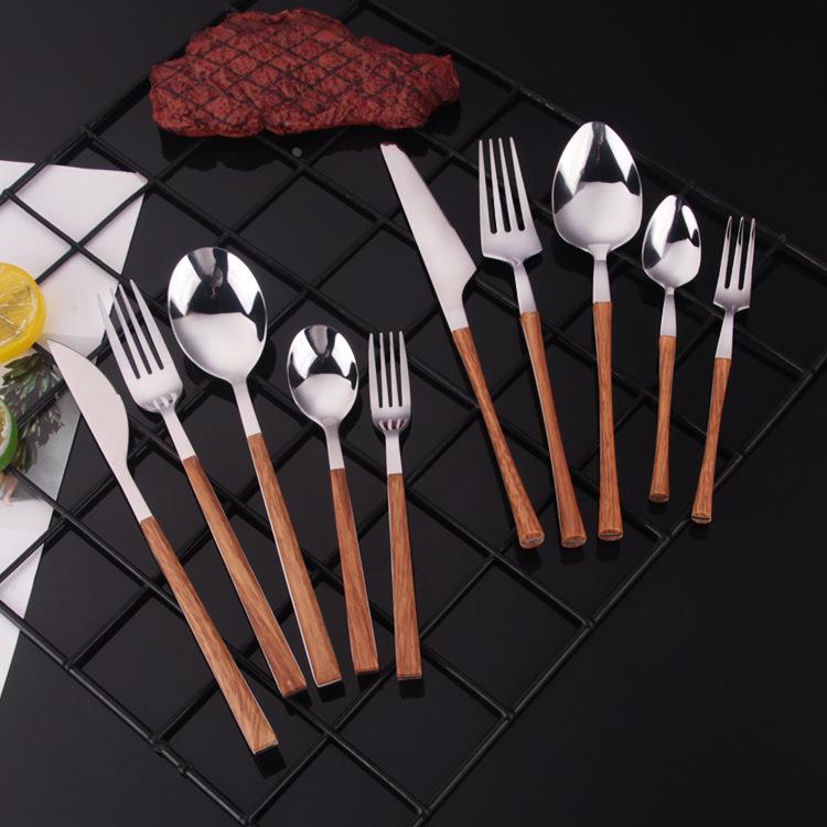 新款创意不锈钢仿木柄餐具 西餐牛排刀叉 咖啡勺甜品勺套装定制