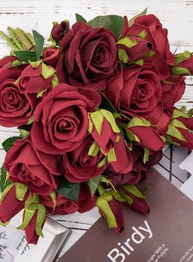 婚庆绒布玫瑰花仿真花植物盆景装饰品INS风仿真植物墙花墙MW03334