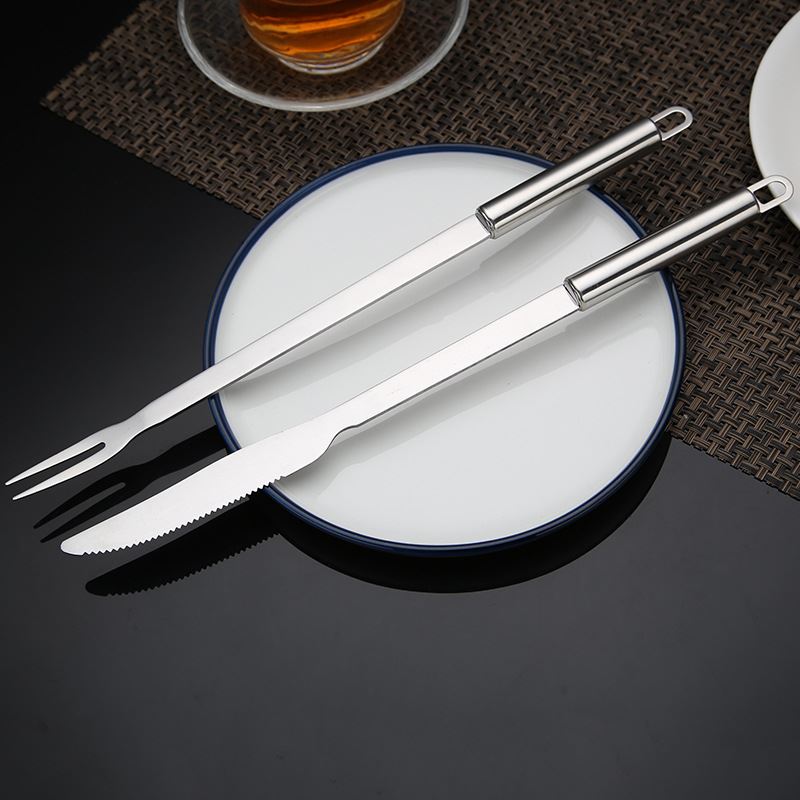 不锈钢烧烤刀叉餐厅烤羊腿加长圆柄扁柄刀叉野炊烤肉加厚烧烤刀叉