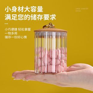 圆形竖纹玻璃储物罐铜环竹盖玻璃罐条纹零食收纳复古密封罐