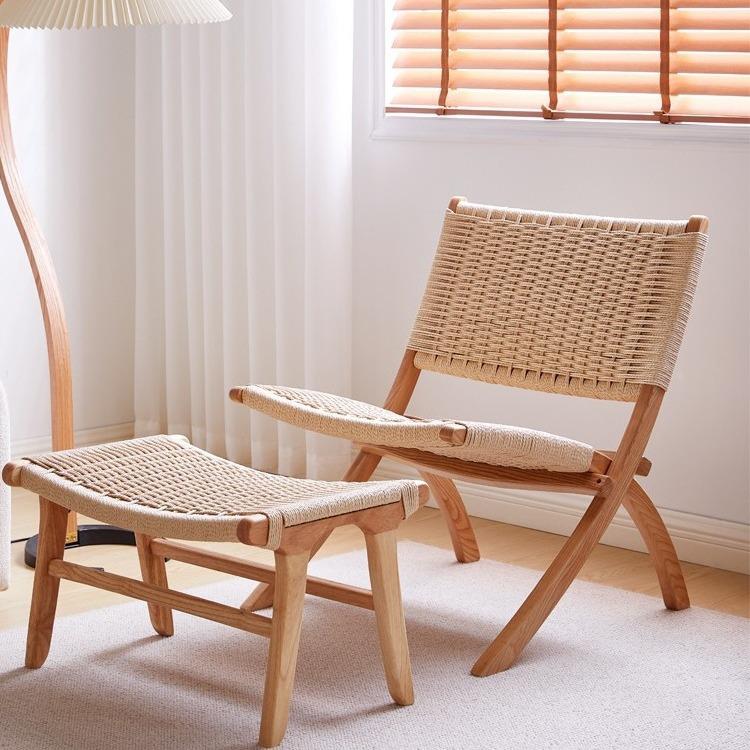 实木编绳折叠椅马鞍皮沙滩椅民宿阳台编织懒人北欧沙发躺椅