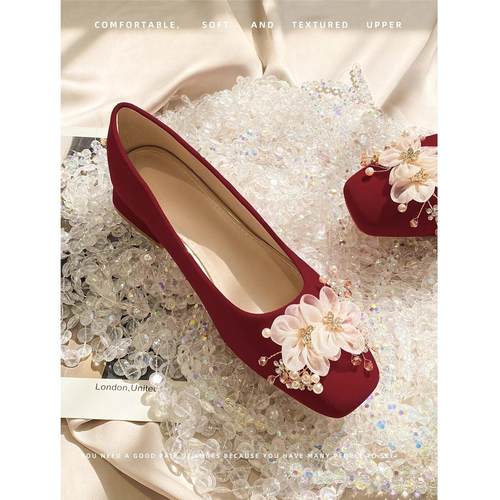 2027春新款粗跟单鞋女方头低跟主婚纱新娘鞋伴娘红色订婚鞋女鞋子