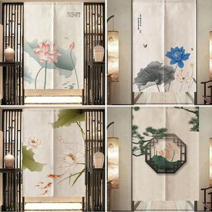 布艺门帘荷花布帘隔断帘中国风挂帘厕所免打孔装 新中式 饰帘子定制
