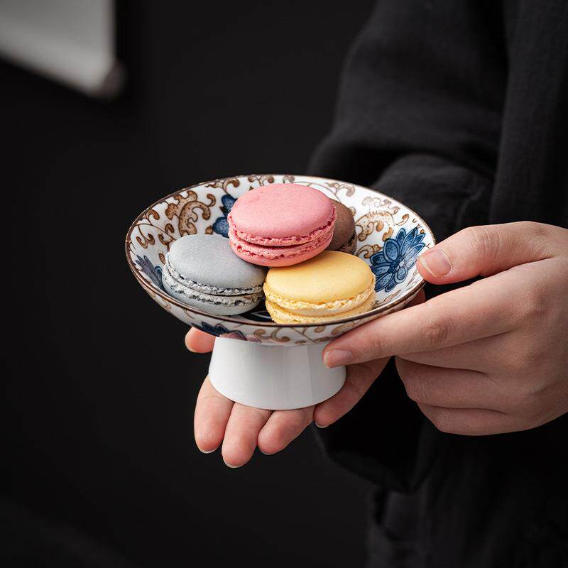 青花陶瓷高足果盘高脚茶点盘家用茶几坚果干果盘零食碟糕点甜品碟