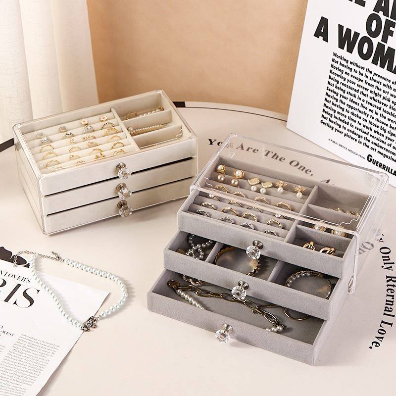 绒布首饰收纳盒防尘抽屉式戒指耳环耳钉项链展示收纳盒手镯饰品盒