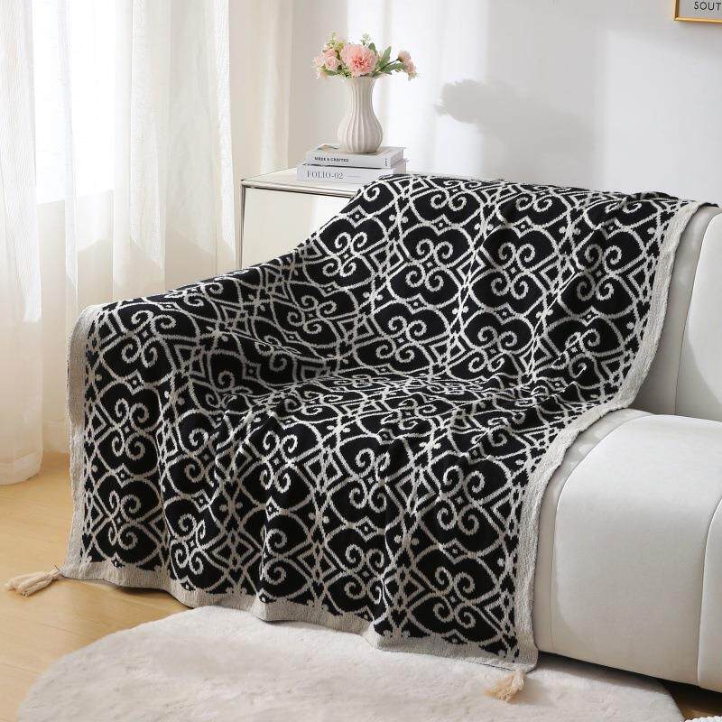 北欧高级针织毛线毯复古客厅沙发毯办公室午休毯子午睡毯黑色盖毯