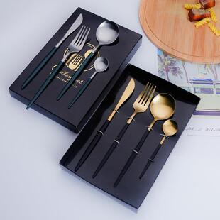 不锈钢餐具葡萄牙刀叉勺四件套金色西餐酒店牛排刀叉礼盒套装定制