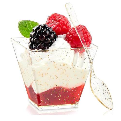 2oz金粉方形慕斯杯60ml冰淇淋杯甜品杯一次性PS透明杯子现货定制