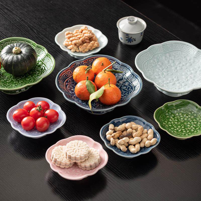 日式陶瓷果盘浮雕高脚茶点盘干果盘零食坚果碟供佛盘糕点点心盘子
