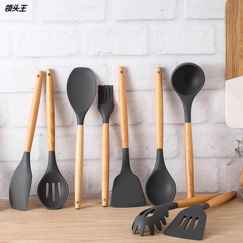 木柄硅胶厨具锅铲汤勺炒菜铲子家用硅胶铲勺套装kitchen utensils