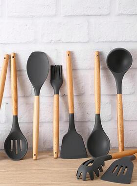 木柄硅胶厨具锅铲汤勺炒菜铲子家用硅胶铲勺套装kitchen utensils