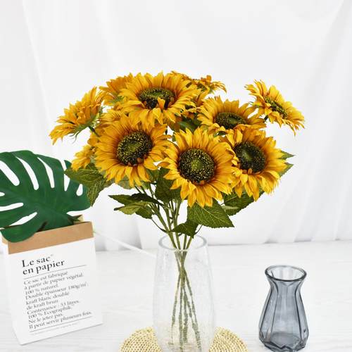 仿真向日葵假花欧式3头太阳花家居客厅装饰假花仿真花束插花定制