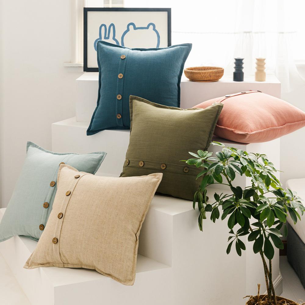 北欧简约色亚麻双针椰扣花边沙发靠垫 咖啡厅酒店沙发棉麻抱枕定