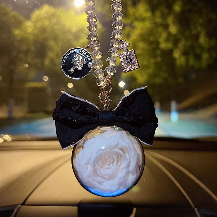 蝴蝶结玫瑰永生花汽车挂件创意女性汽车内饰品车载后视镜装饰挂饰