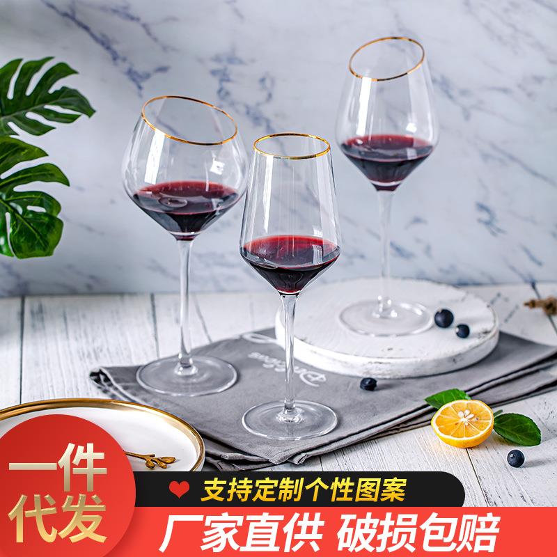 轻奢手工描金红酒杯欧式金边口高脚杯创意玻璃斜口香槟酒杯杯定制