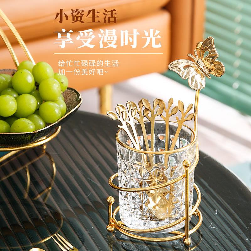 网红叉子小勺子金色树叶水果叉收纳罐甜品创意家用可爱蛋糕叉子定