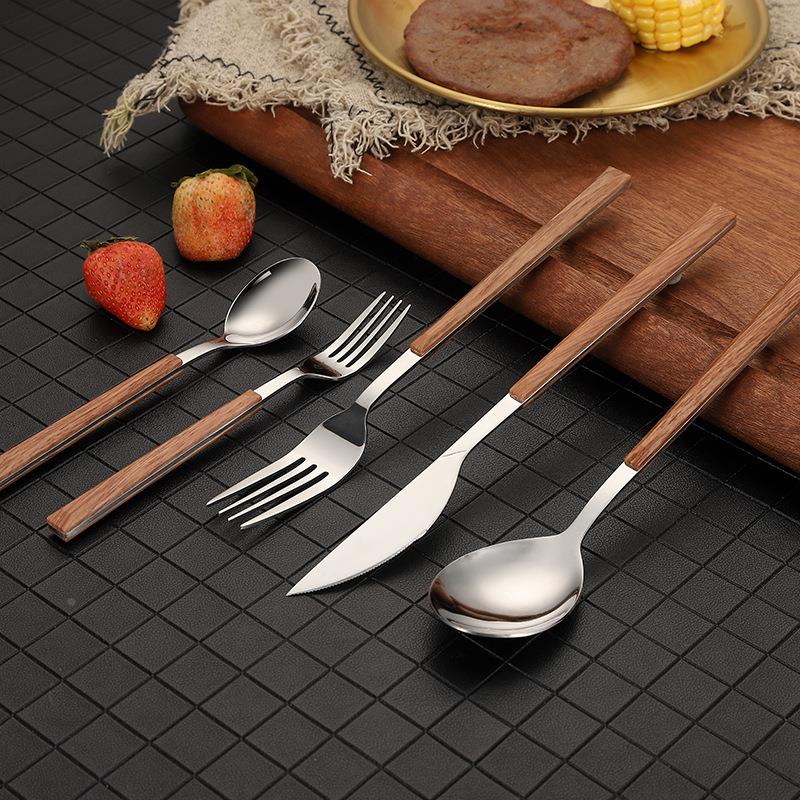 不锈钢刀叉勺ins仿木柄日式餐具勺子西餐创意咖啡甜品勺礼品套装