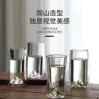 高硼硅双层观山杯家用描金绿茶杯透明玻璃泡茶杯山峦杯防隔热水杯