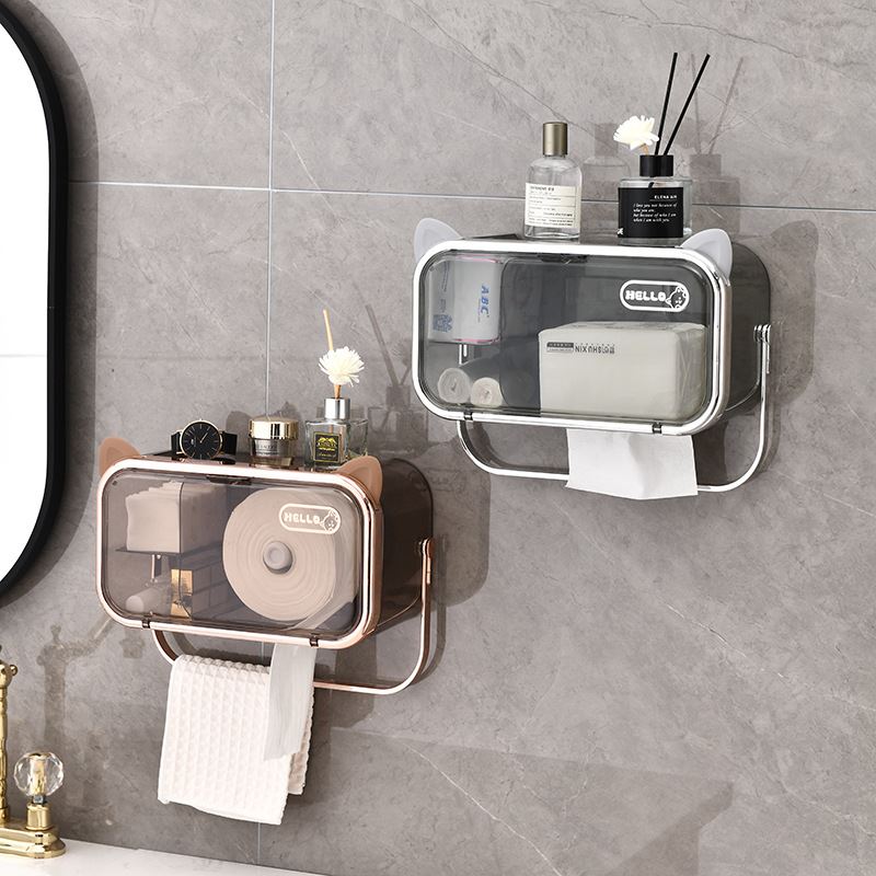 卫生间壁挂纸巾盒轻奢风电镀款收纳免打孔抽纸盒多功能置物收纳盒