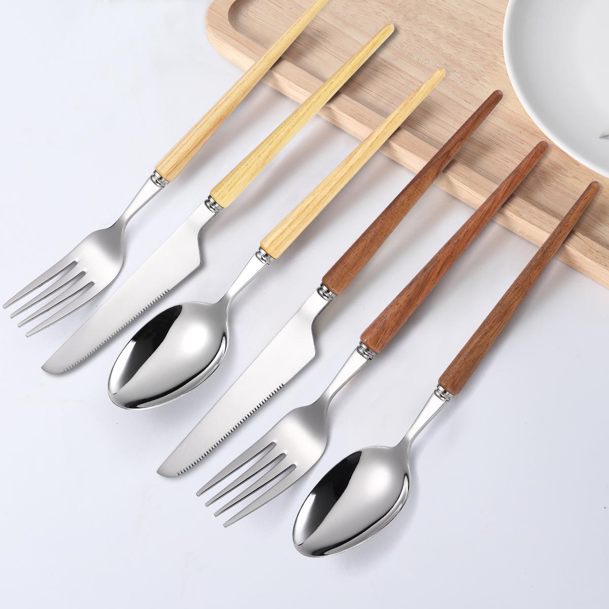 尖尾木柄复古日式不锈钢西餐具牛排刀叉勺甜品勺花梨木白蜡木手柄