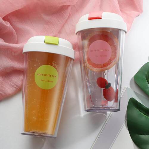 新款AS便携塑料双层吸管杯透明创意咖啡果汁杯礼品制定随手杯子定