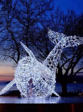 定制不锈钢镂空网格动物鲸鱼雕塑酒店悬挂海豚铁艺装饰售楼部摆件