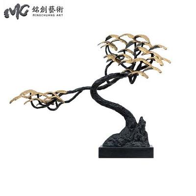 新中式铁艺迎客松别墅会所玄关酒店大堂桌面轻奢金属松树装饰摆件