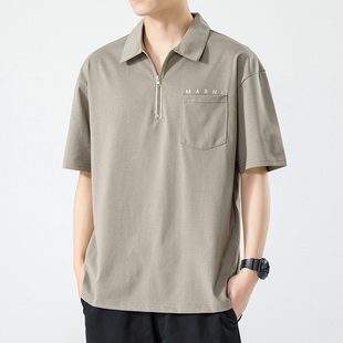 新款 美式 2023年夏季 polo衫 潮流痞帅宽松半拉链翻领潮牌T恤 男短袖
