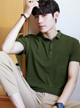 男士夏装短袖T恤韩版纯色军绿色plol有领体恤港风翻领宽松POLO衫