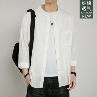 日系复古简约纯色防晒衣服外套衬衣 纯棉白衬衫 男夏季 长袖 圆领薄款