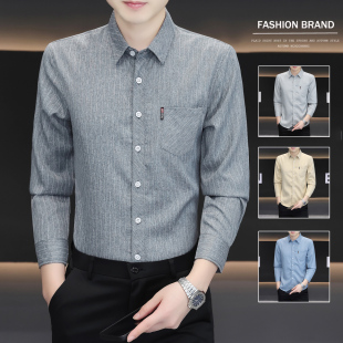 防皱条纹轻熟风保罗衬衫 深灰色衬衣男士 高端职场商务正品 长袖 秋季