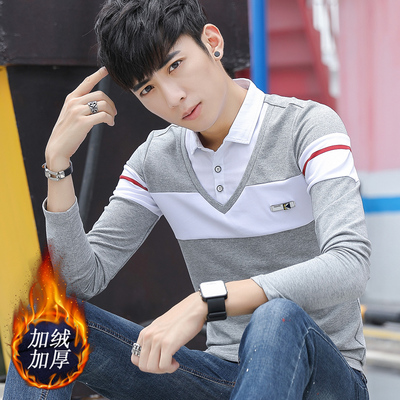 冬天男装长袖恤加绒翻领加厚