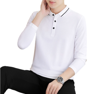 冬季男士长袖纯白色翻领POLO衫简约有领子T恤加绒加厚保暖打底衫