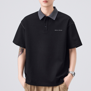 夏季短袖polo衫男美式潮牌宽松翻领带领t恤纯色简约流行休闲上衣