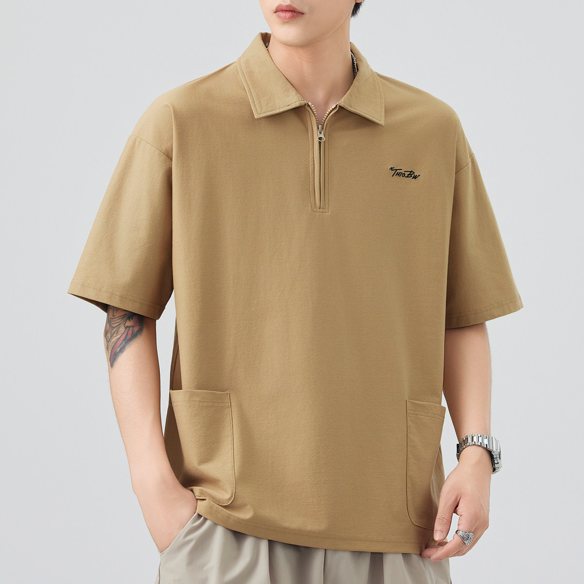 美式工装半拉链翻领POLO衫男2025夏季运动宽松小logo刺绣口袋T恤