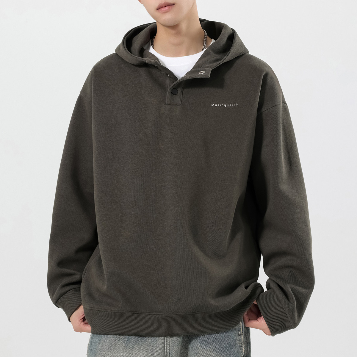 重磅半开襟纽扣连帽卫衣男春秋新款美式复古宽松硬挺宽松外套帽衫,男装,卫衣,淘宝优惠券,粉丝福利购,淘宝优惠卷