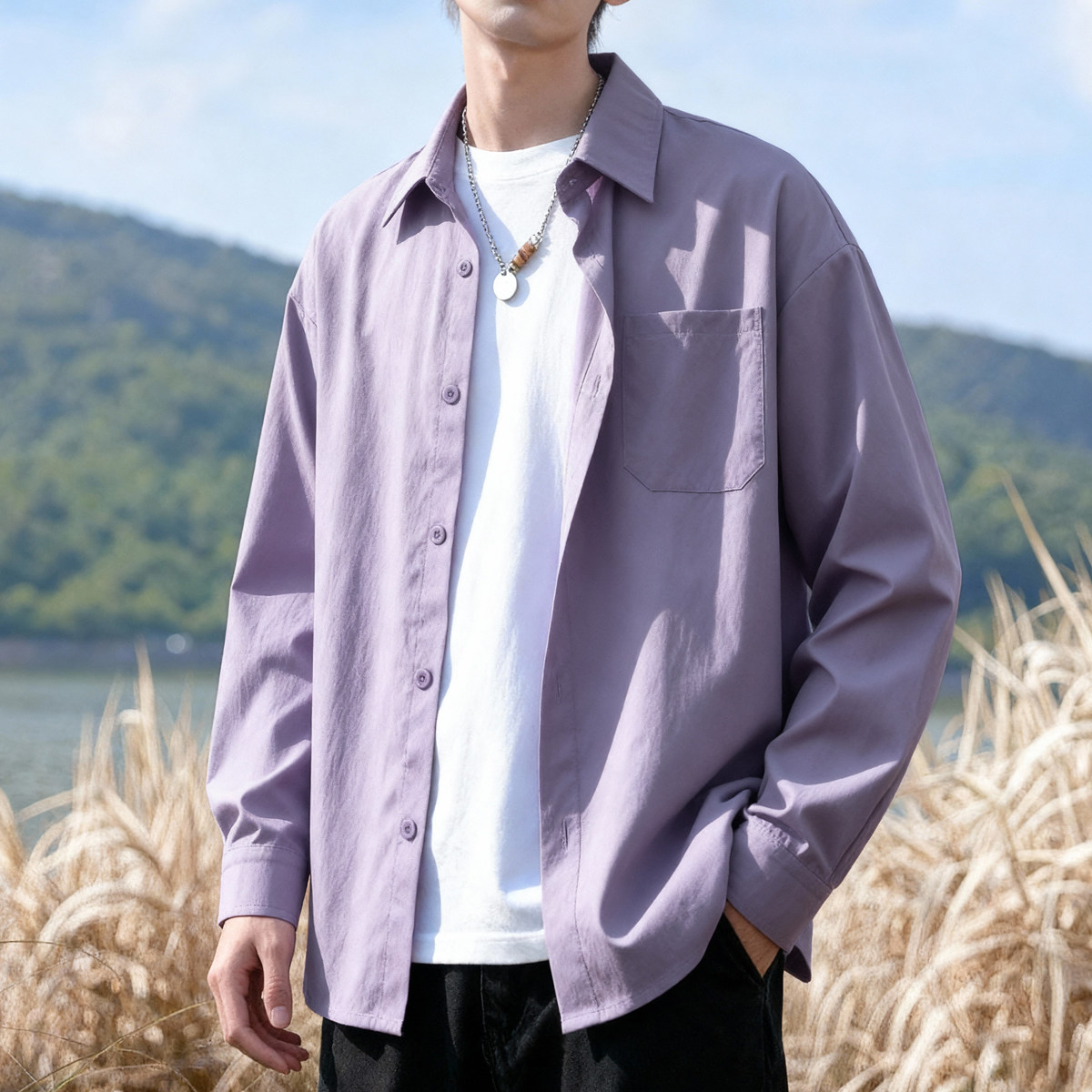 纯色衬衫男士2026夏季薄款日系休闲痞帅气宽松慵懒风长袖衬衣外套图片