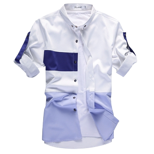 夏季男装中袖衬衫韩版拼接立领冰丝短袖衬衣帅气潮流57七分袖寸衫