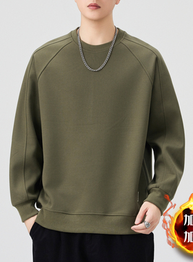 军绿色加绒卫衣男2025秋冬款美式结构拼接运动休闲特厚保暖套头衫